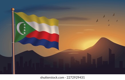 Comoros  flag with mountains and morning sun in the background