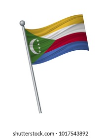 Comoros flag on the flagpole. Official colors and proportion correctly. waving of Comoros flag on flagpole, vector illustration isolate on white background.
