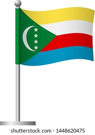 Comoros flag on pole. Metal flagpole. National flag of Comoros vector illustration
