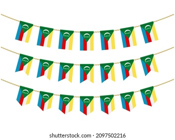 Comoros flag on the ropes on white background. Set of Patriotic bunting flags. Bunting decoration of Comoros flag