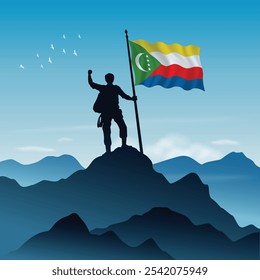 Comoros Flag raised on a mountain peak with clear sky in the background, vector illustration