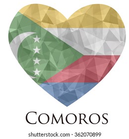 Comoros flag shape heart in geometric rumpled triangular low poly origami style graphic illustration,mosaic polygonal style.Symbol of love to country.Retro or vintage style background.