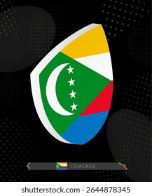 Comoros Flag Shield icon in 3D on Dark Modern Abstract Rugby Background. Perfect for sports events, heritage themes, national celebrations, and patriotic designs.