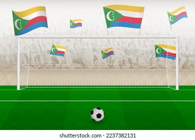 Comoros football team fans with flags of Comoros cheering on stadium, penalty kick concept in a soccer match. Sports vector illustration.