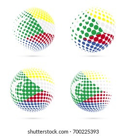 Comoros halftone flag set patriotic vector design. 3D halftone sphere in Comoros national flag colors isolated on white background.