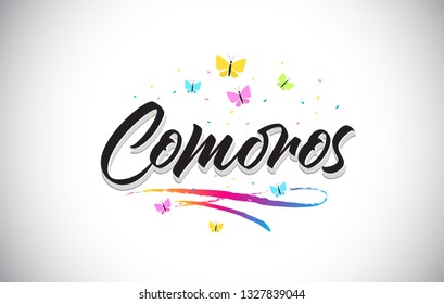 Comoros Handwritten Word Text with Butterflies and Colorful Swoosh Vector Illustration Design.