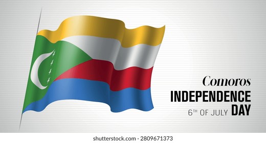 Comoros happy independence day greeting card, banner with template text vector illustration. Comorian memorial holiday 6th of July design element with 3D flag with stripes