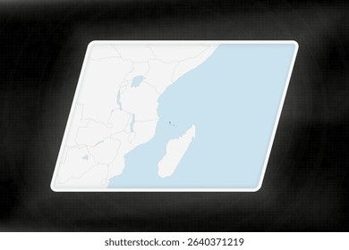 Comoros Highlighted in Flag Colors on Geographic Map. Modern Map on a dark abstract backdrop.