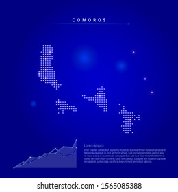 Comoros illuminated map with glowing dots. Infographics elements. Dark blue space background. Vector illustration. Growing chart, lorem ipsum text.