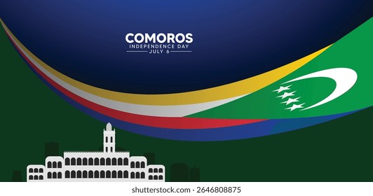 Comoros Independence Day 6 July waving flag with cityscape vector poster