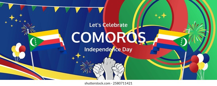 Comoros Independence Day modern greeting banner. 6 July Happy National Day. Holidays abstract concept in flag colors. Great for event like carnival, feast poster, support, culture and tourism