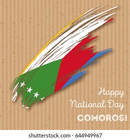 Comoros Independence Day Patriotic Design. Expressive Brush Stroke in National Flag Colors on kraft paper background. Happy Independence Day Comoros Vector Greeting Card.