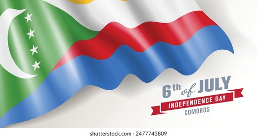 Día de la Independencia de las Comoras Anuncio de Vector, tarjeta de felicitación. Bandera de las Comoras ondulada en el 6 de julio de la fiesta nacional patriótica diseño Horizontal