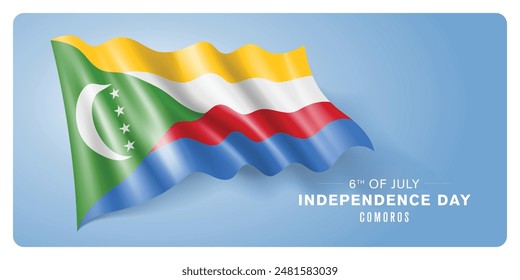 Día de la Independencia de las Comoras Anuncio de Vector, tarjeta de felicitación. Bandera de las Comoras ondulada en el 6 de julio diseño Horizontal de vacaciones patriótico con bandera realista