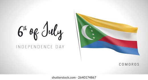 Comoros independence day vector banner, greeting card. Comorian wavy flag in 6th of July patriotic holiday horizontal design with realistic flag