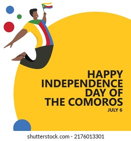 The Comoros independence day vector illustration with a man jumping and holding the national flag. African islands public holiday celebrated annually on July 6.