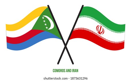 Banderas de Comoras e Irán Cruzadas y ondeando estilo plano. Proporción oficial. Colores correctos.