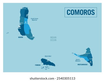 Mapa político del país insular de las Comoras. África. Ilustración vectorial detallada con provincias, departamentos, regiones, ciudades, islas y estados aislados fáciles de desagrupar.