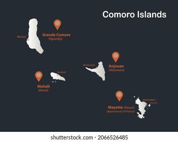 Comoros Island map, Infographics flat design colors snow white, with names, vector