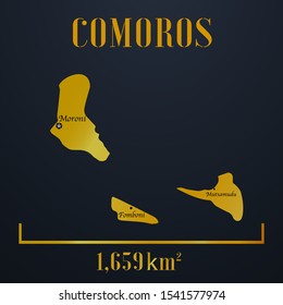 Comoros Island, Moroni golden 3d solid country outline silhouette, realistic piece of world map template, for infographic, vector illustration, isolated object, background. From countries set