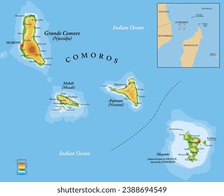 Comoros islands highly detailed physical map