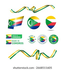 Comoros made in logo. Set of design flags label icon, stripes, ribbons