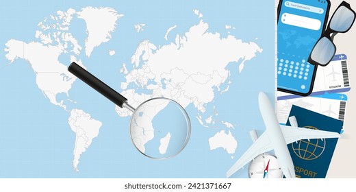 Las Comoras se magnifican sobre un Mapa Mundial, ilustración con avión, pasaporte, tarjeta de embarque, brújula y lentes. Ilustración vectorial.