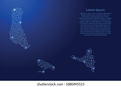Comoros map from blue pattern of the maze grid and glowing space stars grid. Vector illustration.