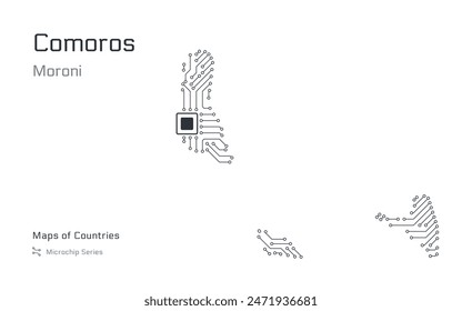 Comoros Map with a capital of Moroni Shown in a Microchip Pattern with processor. E-government. World Countries vector maps. Microchip Series	