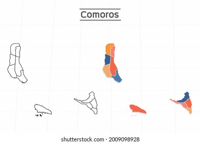 Comoros map city vector divided by colorful outline simplicity style. Have 2 versions, black thin line version and colorful version. Both map were on the white background.