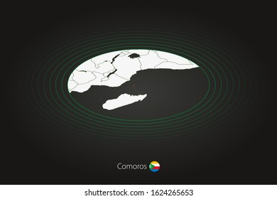 Comoros map in dark color, oval map with neighboring countries. Vector map and flag of Comoros 