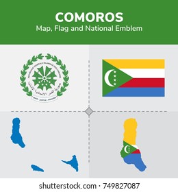 Comoros Map, Flag and National Emblem 