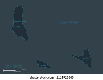 Mapa de las Comoras. Mapa detallado de las Comoras con países, fronteras, ciudades, objetos acuáticos. Ilustración vectorial eps10