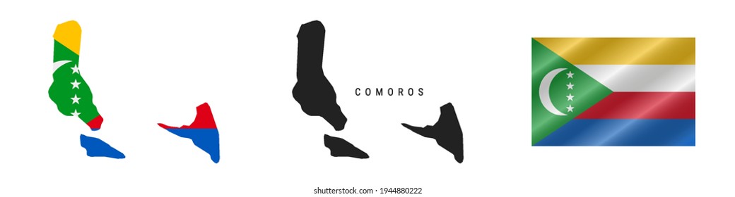 Comoros. Map with masked flag. Detailed silhouette. Waving flag. Vector illustration isolated on white.