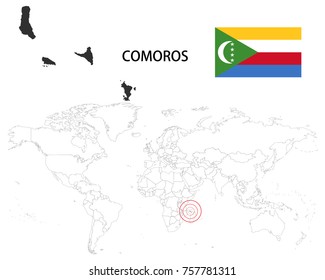 Comoros map on a world map with flag on white background.