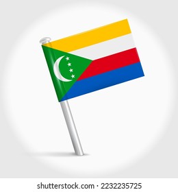 Icono de la bandera del pin del mapa de Comoras. Marcador de mapa de inclinación de la Unión de las Comoras sobre una aguja de metal. Ilustración vectorial 3D realista.