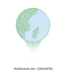 Comoros map, stylish location icon with Comoros map and flag. Green pin icon.