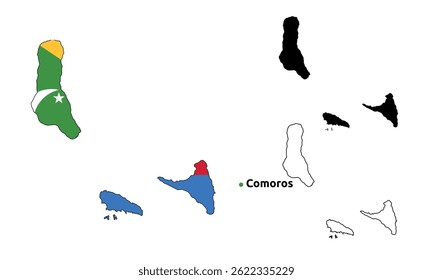 Vector de Mapa de Comoras - Country Outline, Flag Inside Map, Blank and Silhouette Version