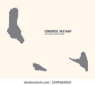 Padrão De Meio-Tom Hexagonal De Vetor De Mapa De Comores Isolado No Plano De Fundo Claro. Textura hexadecimal sob a forma de um mapa de Comores. Mapa do Contorno Tecnológico Moderno de Comores para Projetos de Design ou Negócios