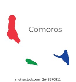 Vetor do mapa de Comores, ilustração. As ilhas do noroeste ao sudeste incluem Grande Comore (N’gazidja), Mohéli (Mwali), Anjouan (Ndzuwani) e Mayotte (Mahore).