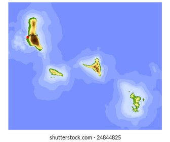Comoros and Mayotte. Physical vector map, colored according to elevation, with rivers and selected cities. Surrounding territory greyed out. 34 named layers, fully editable. Data source: NASA