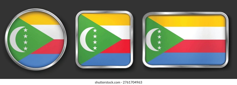 COMOROS Metallic Flag Collection, Circular, Square and Rectangular COMOROS Flag Badges Set