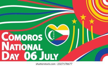 Comoros National Day vector banner design with retro geometric shapes, Comoros flag and color theme, stars and typography on a green background. Comoros National Day modern minimal graphic poster. 