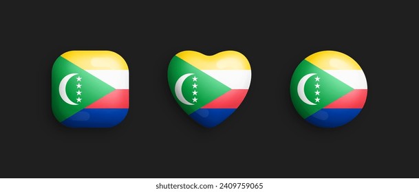 Comoros Official National Flag 3D Vector Glossy Icons In Rounded Square, Heart And Circle Form Isolated On Background. Comorian Sign And Symbols Graphic Design Elements Volumetric Buttons Collection