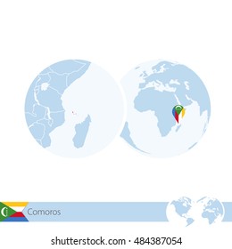Comoros on world globe with flag and regional map of Comoros. Vector Illustration.