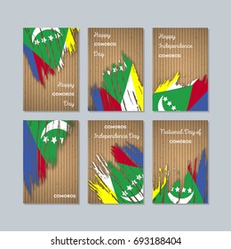 Comoros Patriotic Cards for National Day. Expressive Brush Stroke in National Flag Colors on kraft paper background. Comoros Patriotic Vector Greeting Card.