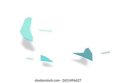 Mapa político das Comores de divisões administrativas - ilhas autônomas. Mapa de vetor turquesa 3D com rótulos de nome.