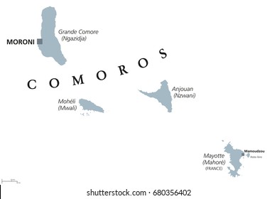 Comoros political map with capital Moroni and French island Mayotte. Union and sovereign archipelago island nation in the Indian Ocean. Gray illustration on white background. English labeling. Vector.