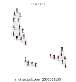 Comoros population map. Large group of realistic a diverse crowd of people figures in a shape of Union of the Comoros map. Flat vector illustration isolated on white.