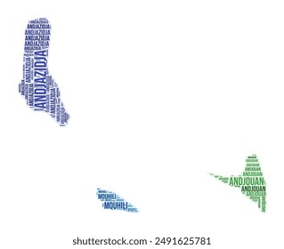 Comoros region word cloud. Country shape design. Comoros colored illustration. Region names collage cloud. Vector illustration.